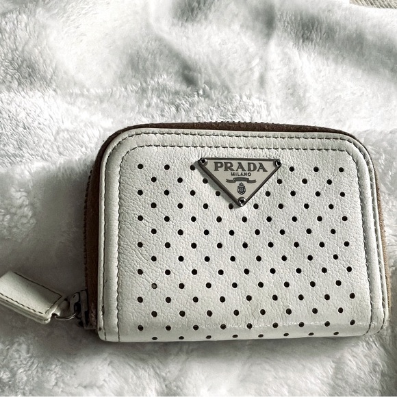 Prada Perforated Cream and Tan Zip Around Wallet 💖 - Picture 1 of 12